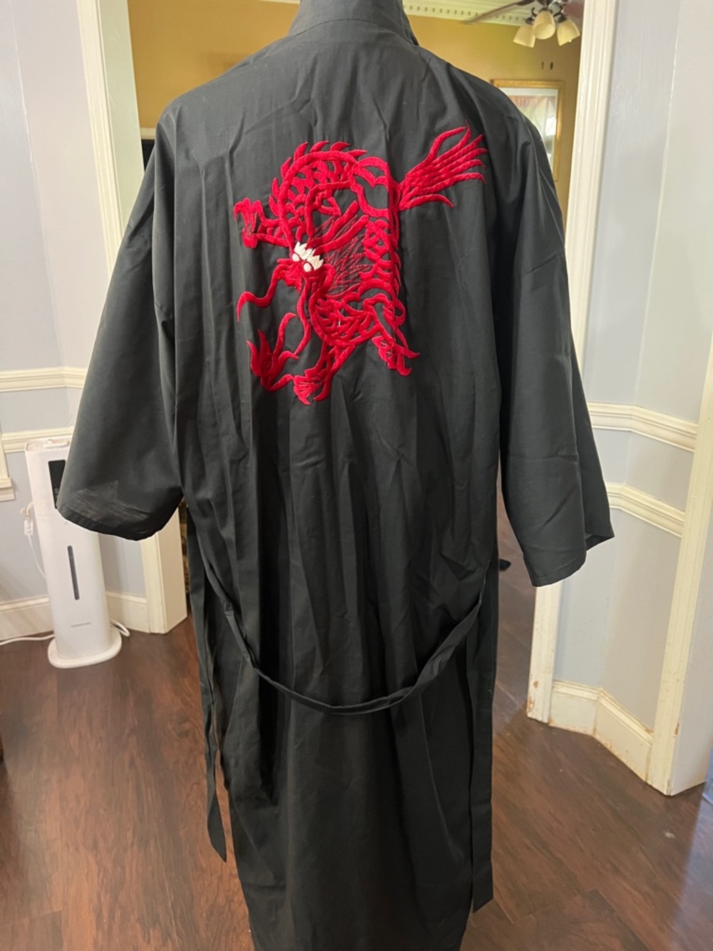 Black Women's Robe with Red Dragon Embroidery